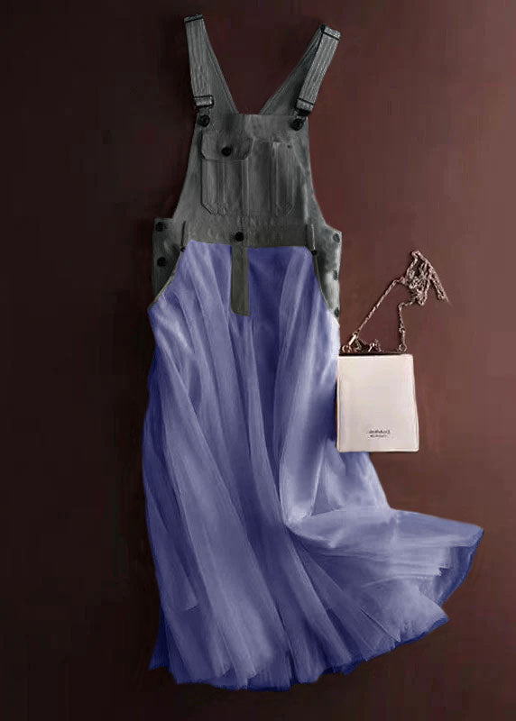 Women dark grey bodice with purple tulle patchwork midi dress and bag accessory