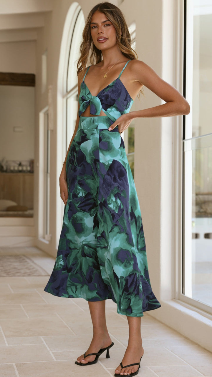 Women green and blue floral midi dress with waist cut-out, front view