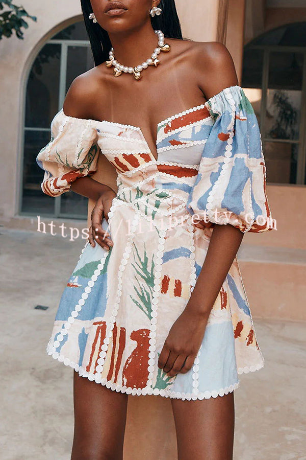 Women colorful printed off-shoulder mini dress with puff sleeves and visible neckline detail
