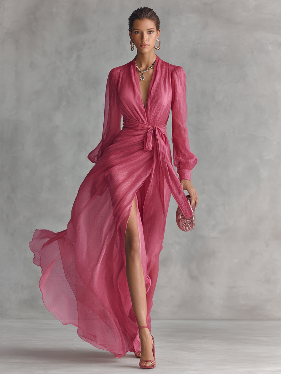 Women's pink maxi dress with wrap-design V-neck and long sheer sleeves, full body shot.