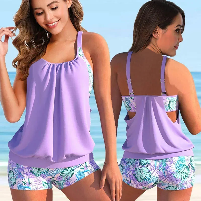 Women Summer Floral Print Two Piece Denim Tankini Set