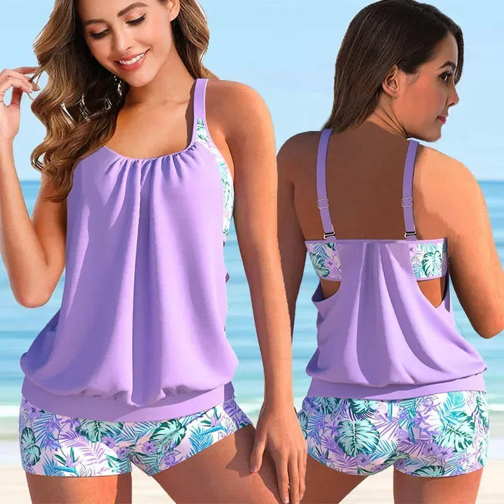 Women Summer Floral Print Two Piece Denim Tankini Set