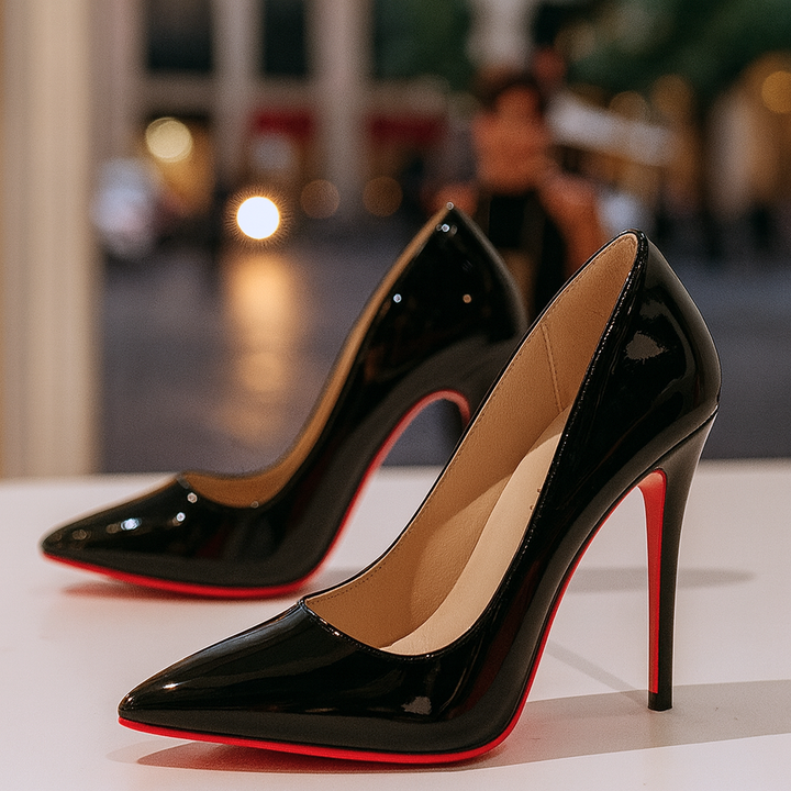 Close-up of a pair of black patent leather pointed toe stiletto heels.