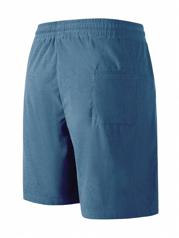 Men teal corduroy shorts back view with patch pocket and elastic waist