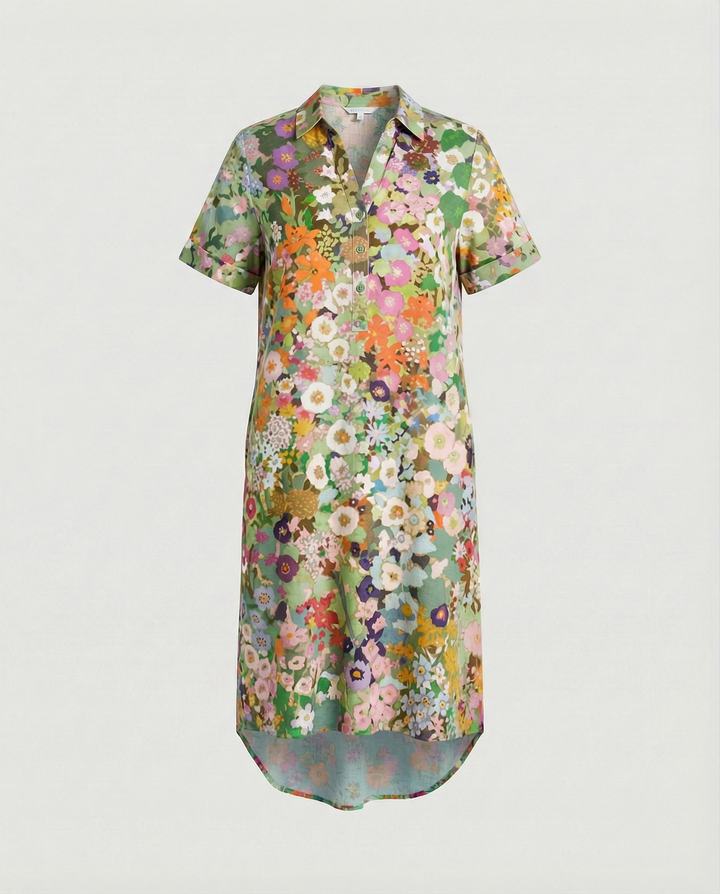 Women multi-color floral print midi dress with button-down front and collar, flat lay