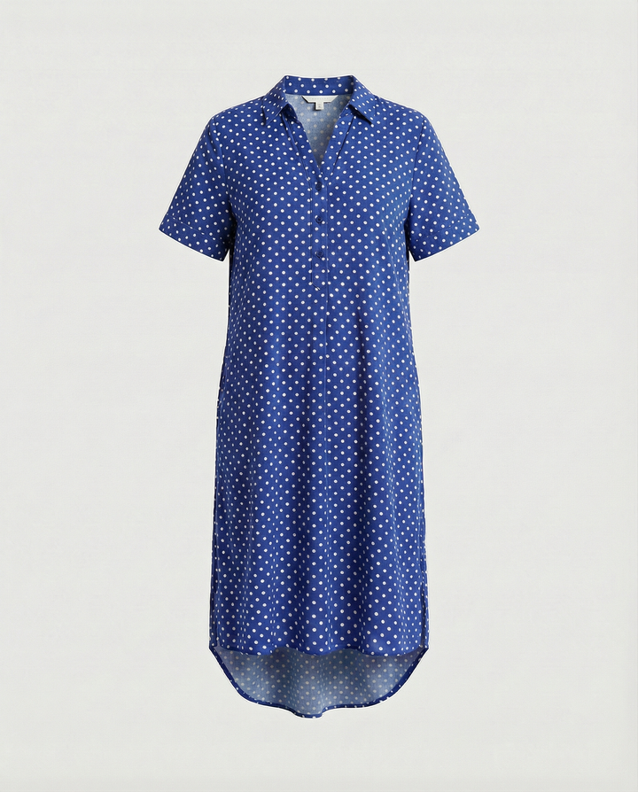 Women blue dotted print midi dress with collar and short sleeves, flat lay