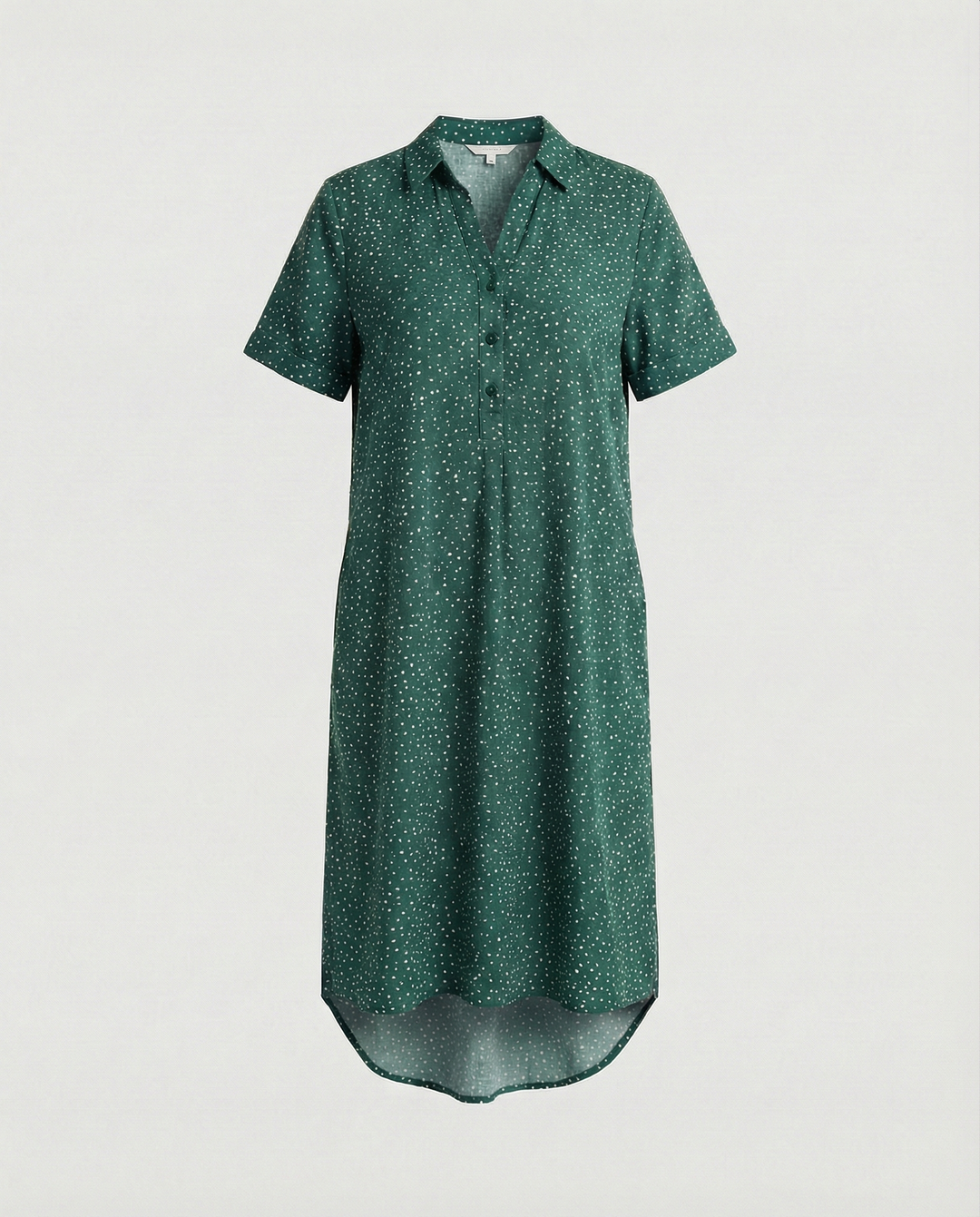 Women green dotted print midi dress with collar and short sleeves, flat lay