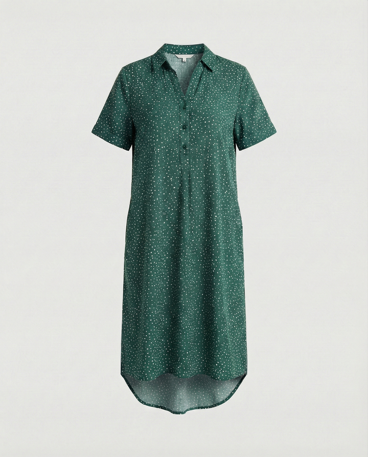 Women green dotted print midi dress with collar and short sleeves, flat lay