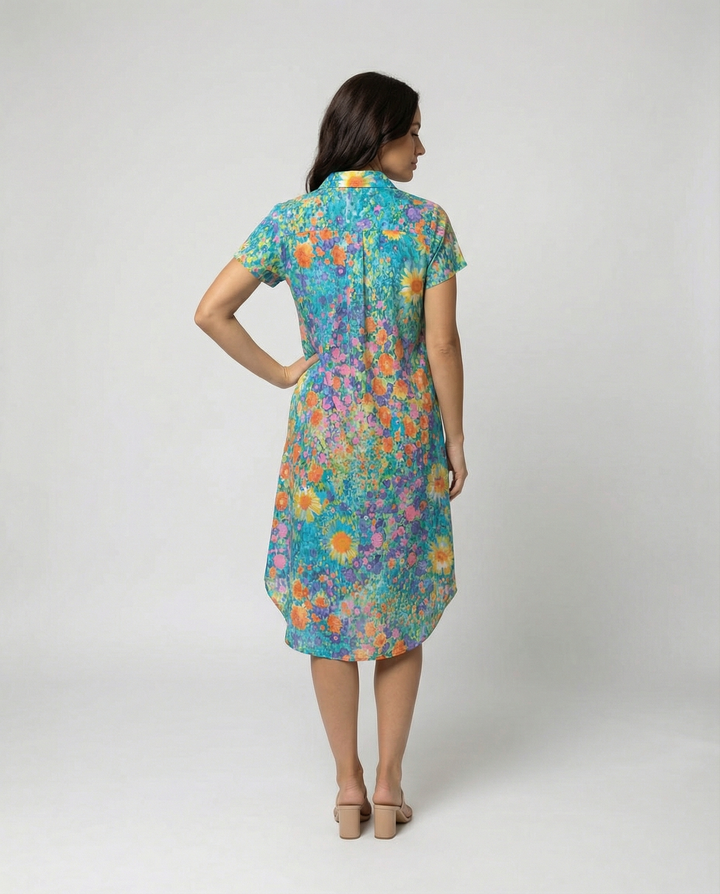 Women multi-color floral print midi dress with high-low hem and short sleeves standing back