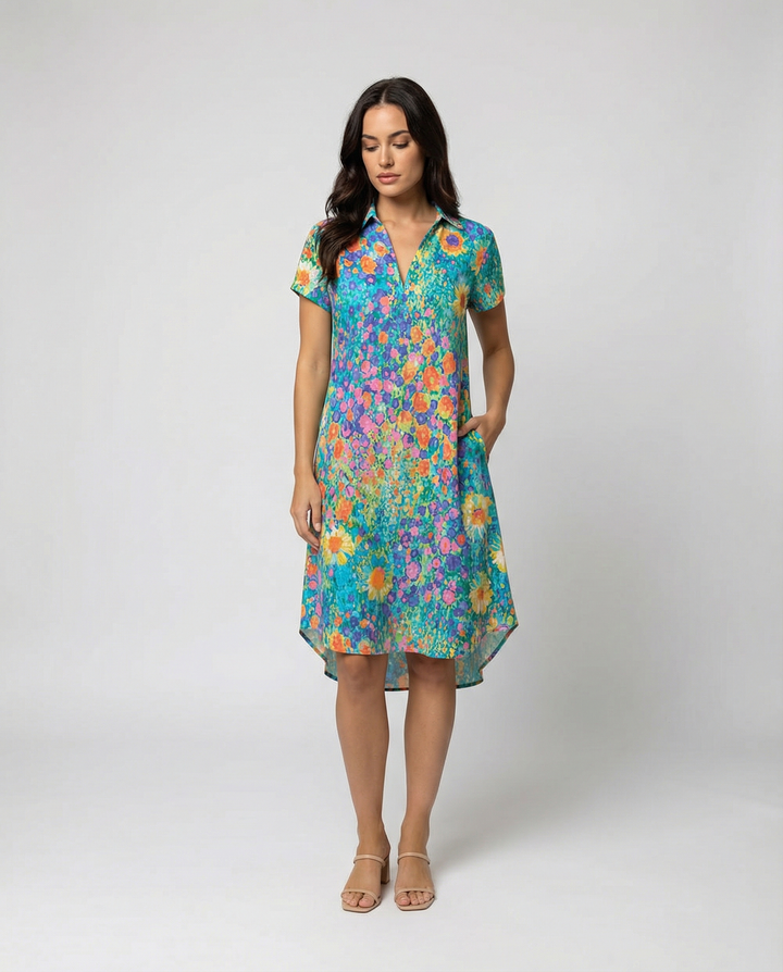 Women multi-color floral print midi dress with visible V-neck and short sleeves standing front