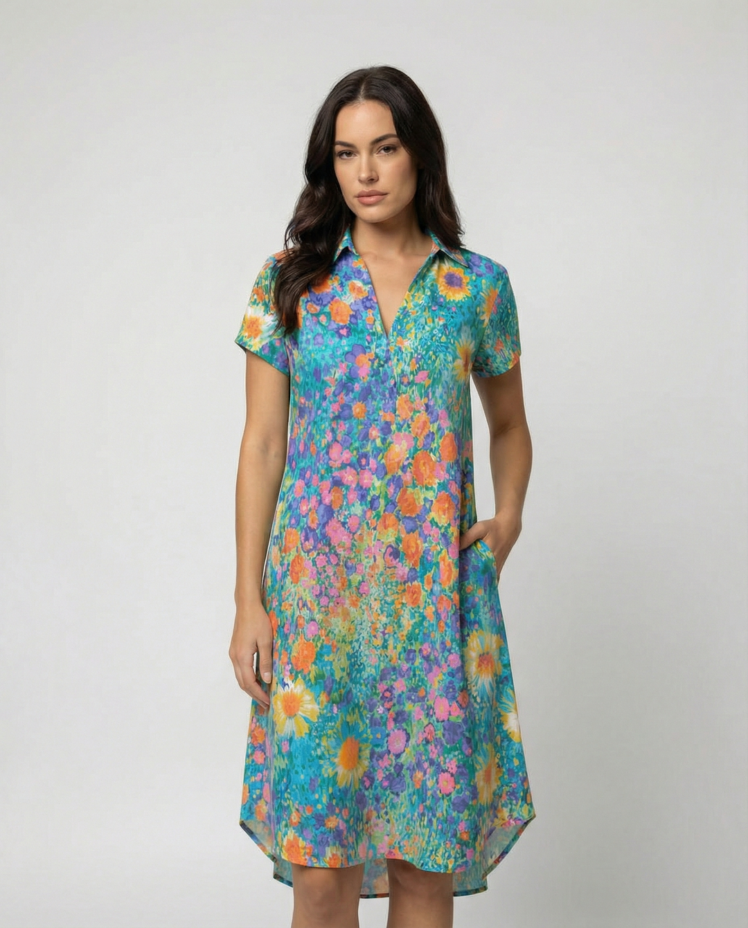 Women Spring Elegant Floral Print V-Neck Smocked Waist Midi Dress