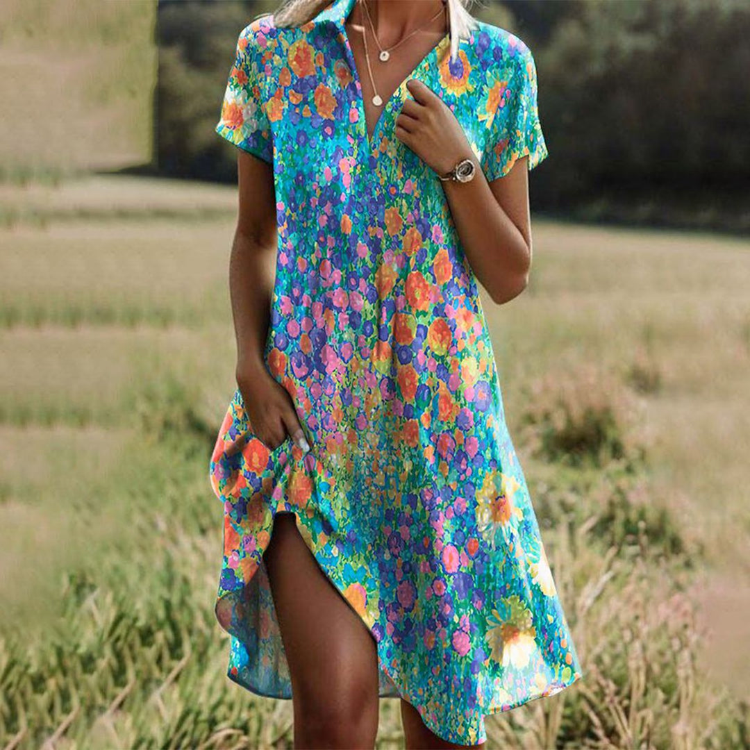 Women Spring Elegant Floral Print V-Neck Smocked Waist Midi Dress
