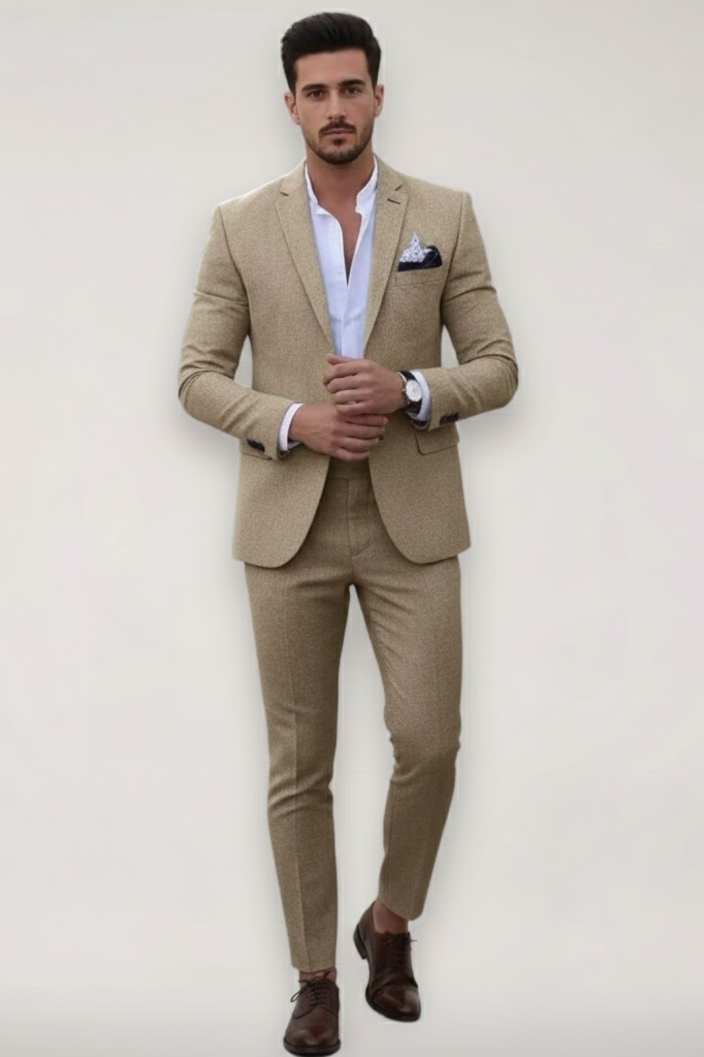 Men's beige slim fit tailored 2 piece suit set, front view of blazer and trousers