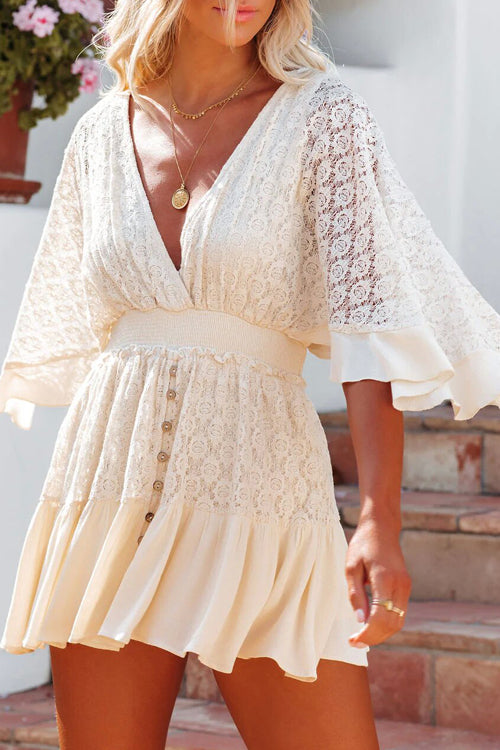 Women Spring Lace V Neck Ruffled Half Sleeve Mini Dress