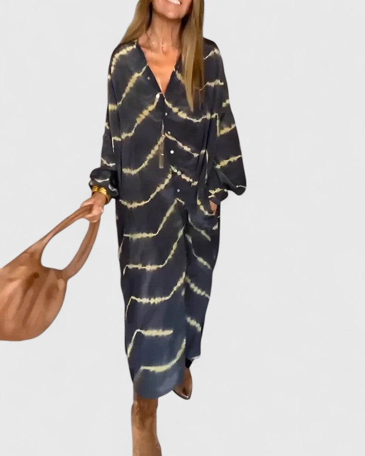 Women's tie-dye maxi dress, front view, V-neckline, long sleeves, with pockets and button-down front