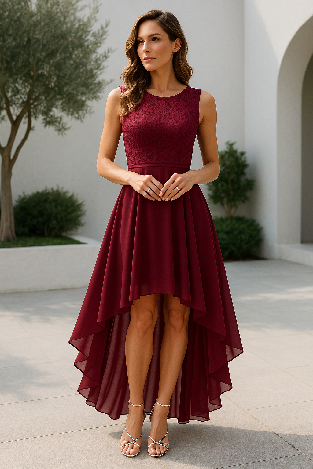Women's burgundy sleeveless high low midi dress with lace bodice, front view