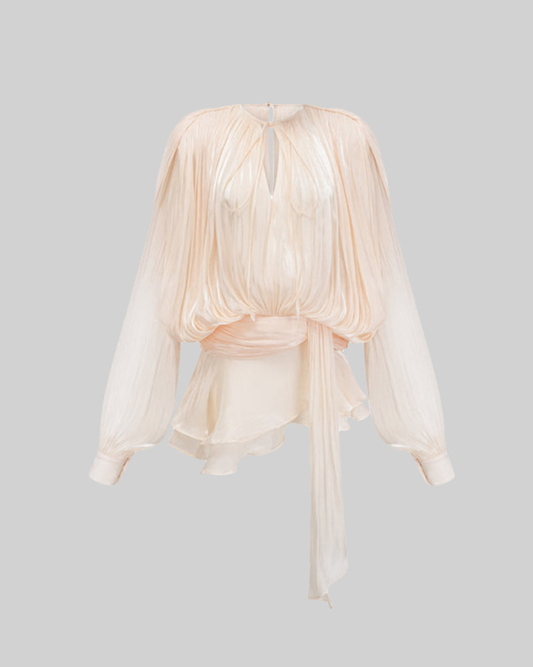 Cream long sleeve dress with round neck and belt lay flat front view