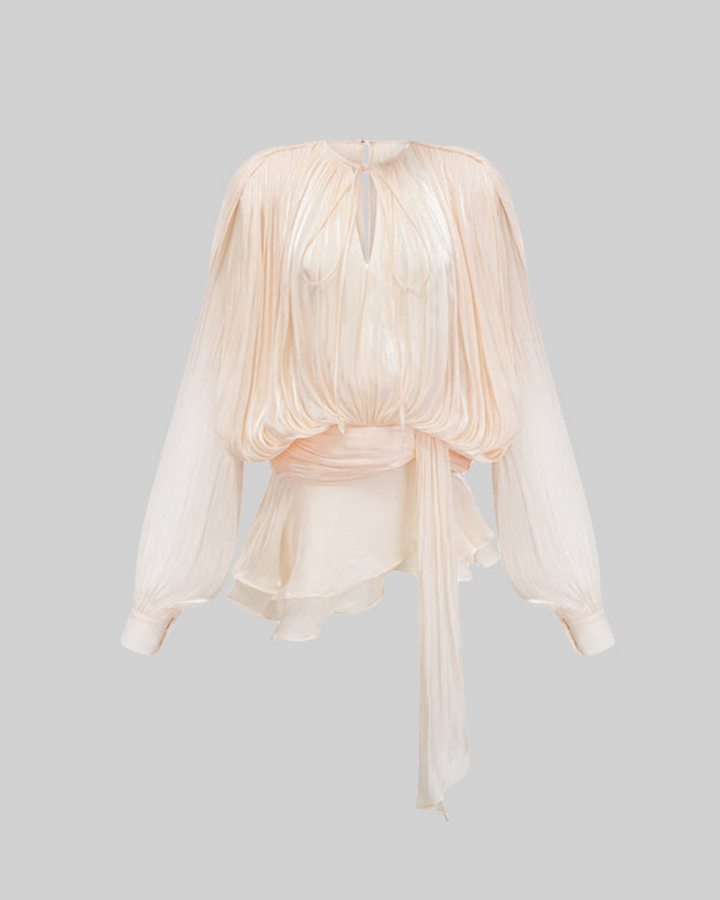 Cream long sleeve dress with round neck and belt lay flat front view