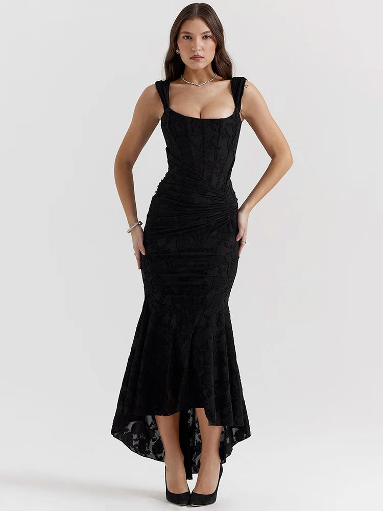Women black floral square neck maxi dress with fitted silhouette, draped midsection, and asymmetrical hem.