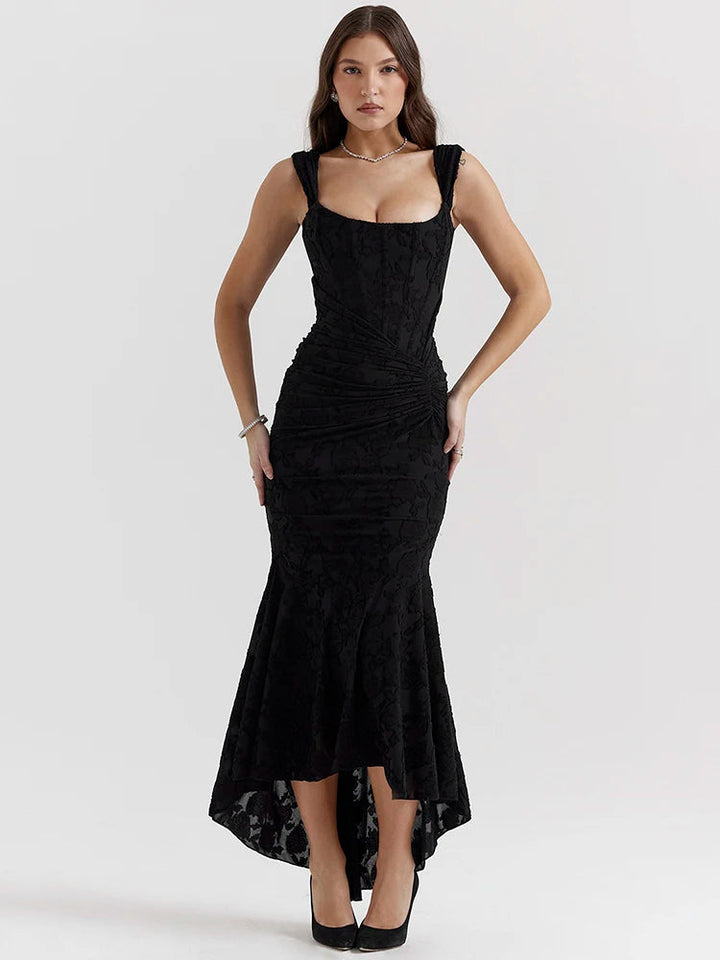 Women black floral square neck maxi dress with fitted silhouette, draped midsection, and asymmetrical hem.