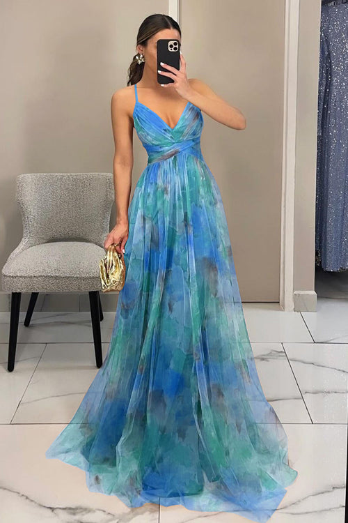 Women Spring Floral V Neck Spaghetti Strap Maxi Dress