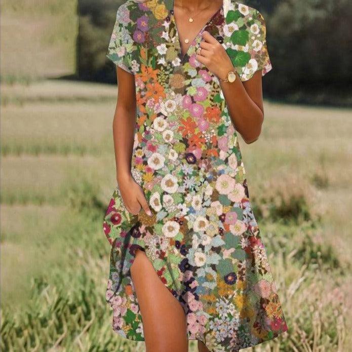 Women Spring Elegant Floral Print V-Neck Smocked Waist Midi Dress
