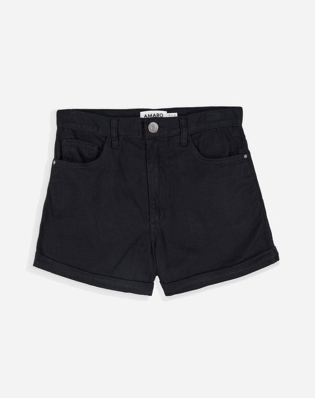 Black high waist denim mini shorts with cuffed hem and button closure on white background