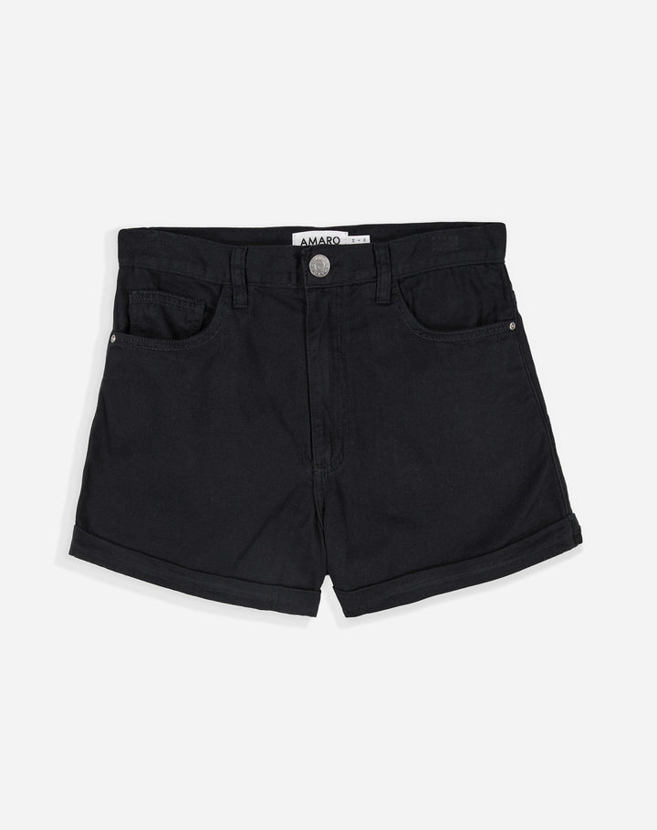 Black high waist denim mini shorts with cuffed hem and button closure on white background