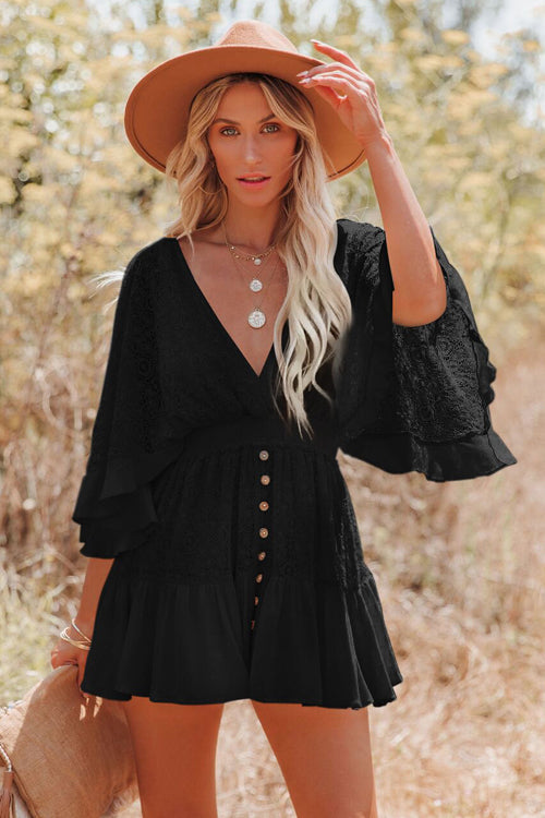 Women's black lace mini dress with V-neck, ruffled sleeves, and decorative buttons