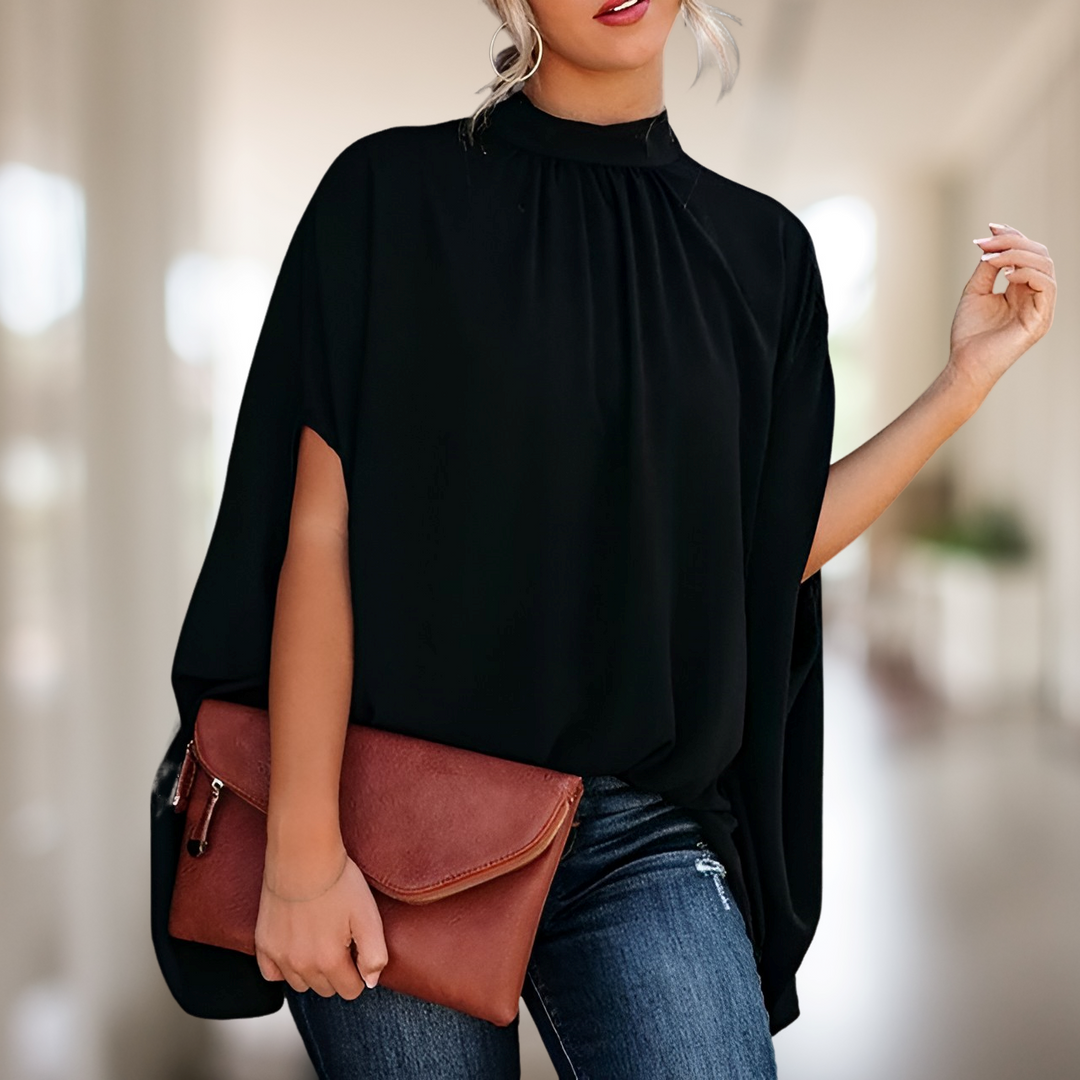 Women's black solid high neck batwing short sleeve blouse with flowing drape