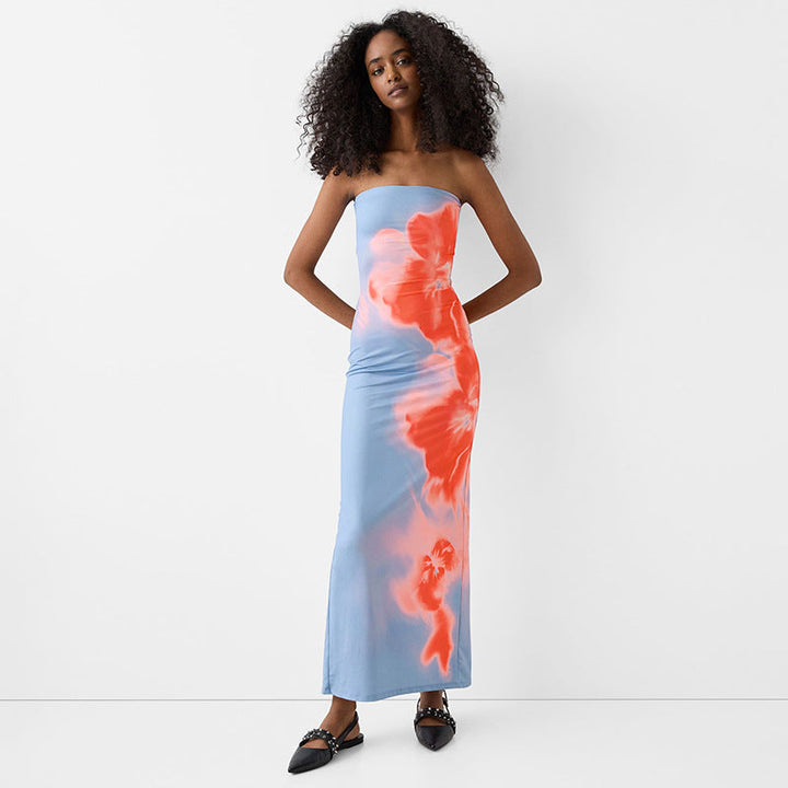 Women strapless light blue and orange floral maxi dress front view
