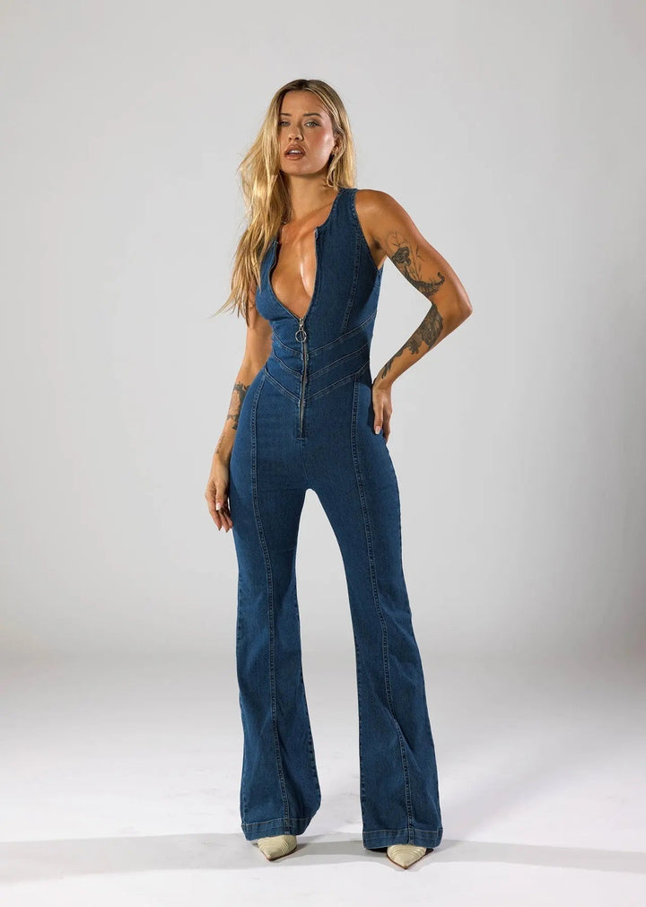 Women Spring Elegant Chic Comfort Denim Jumpsuit