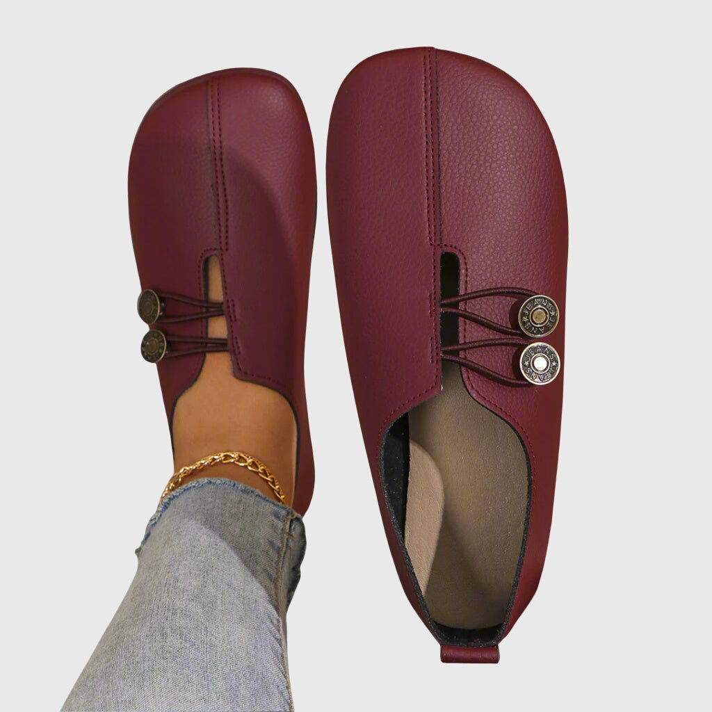 Women burgundy slip on flats with round toe and button decoration