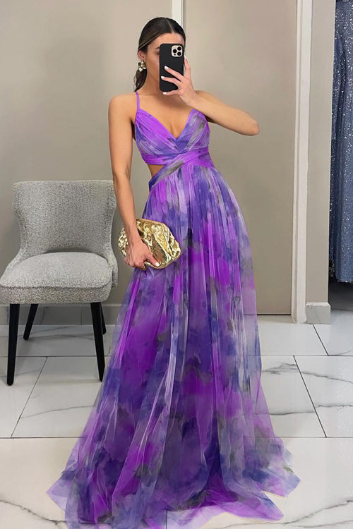 Women Spring Floral V Neck Spaghetti Strap Maxi Dress