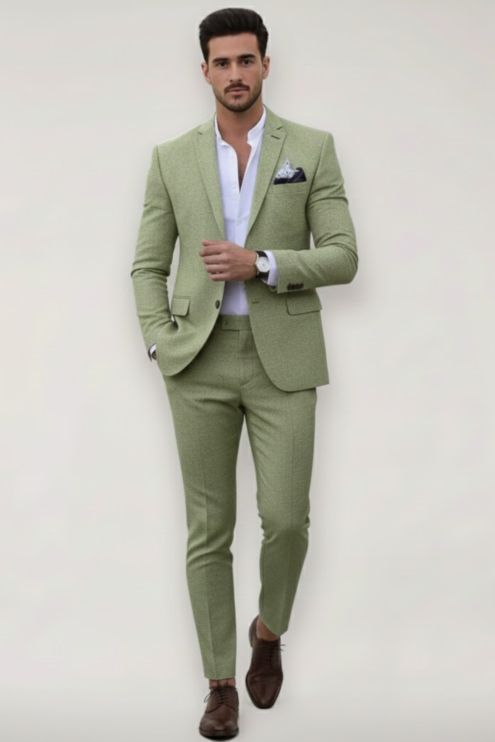 Men's light green slim fit tailored 2 piece suit set, full body front view