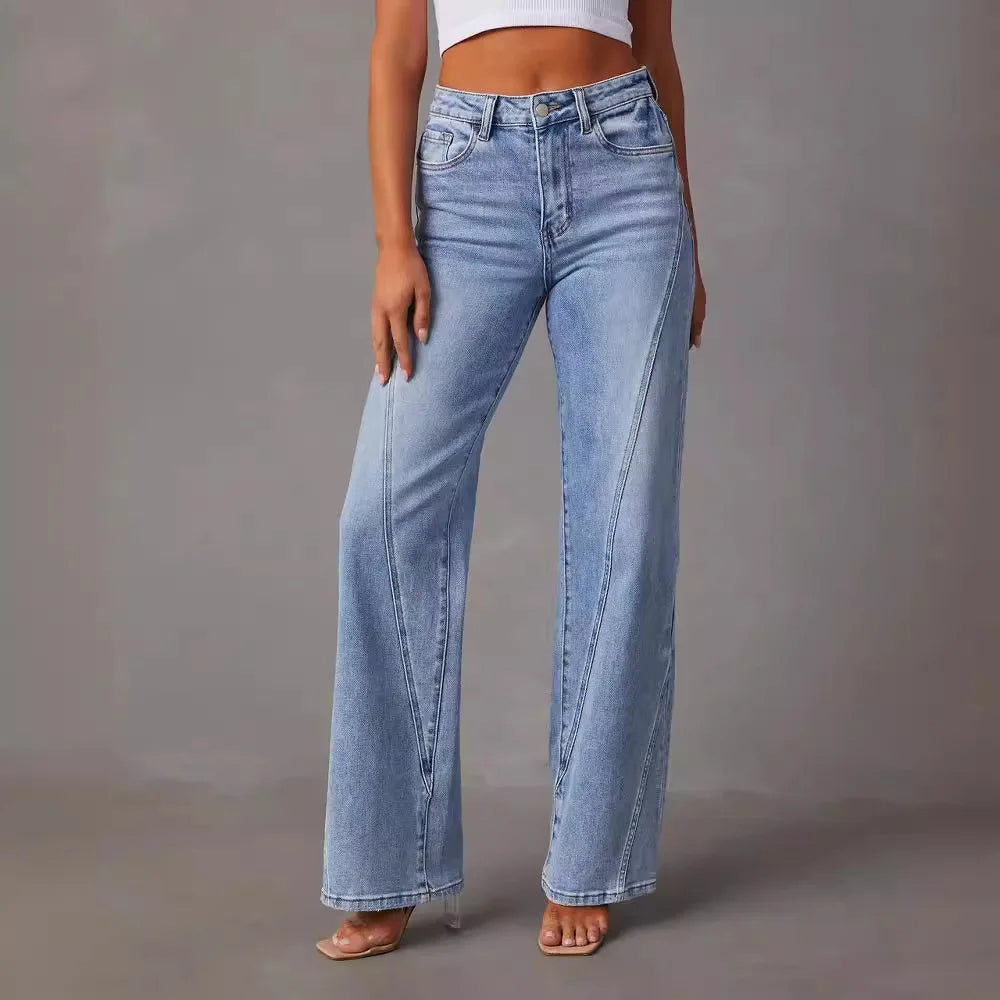 Women light blue high waisted wide leg jeans with front seams, front view