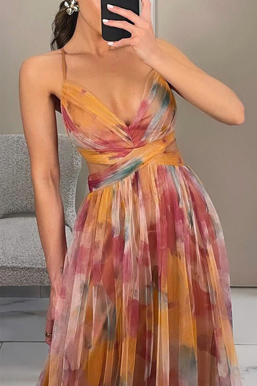 Women Spring Floral V Neck Spaghetti Strap Maxi Dress