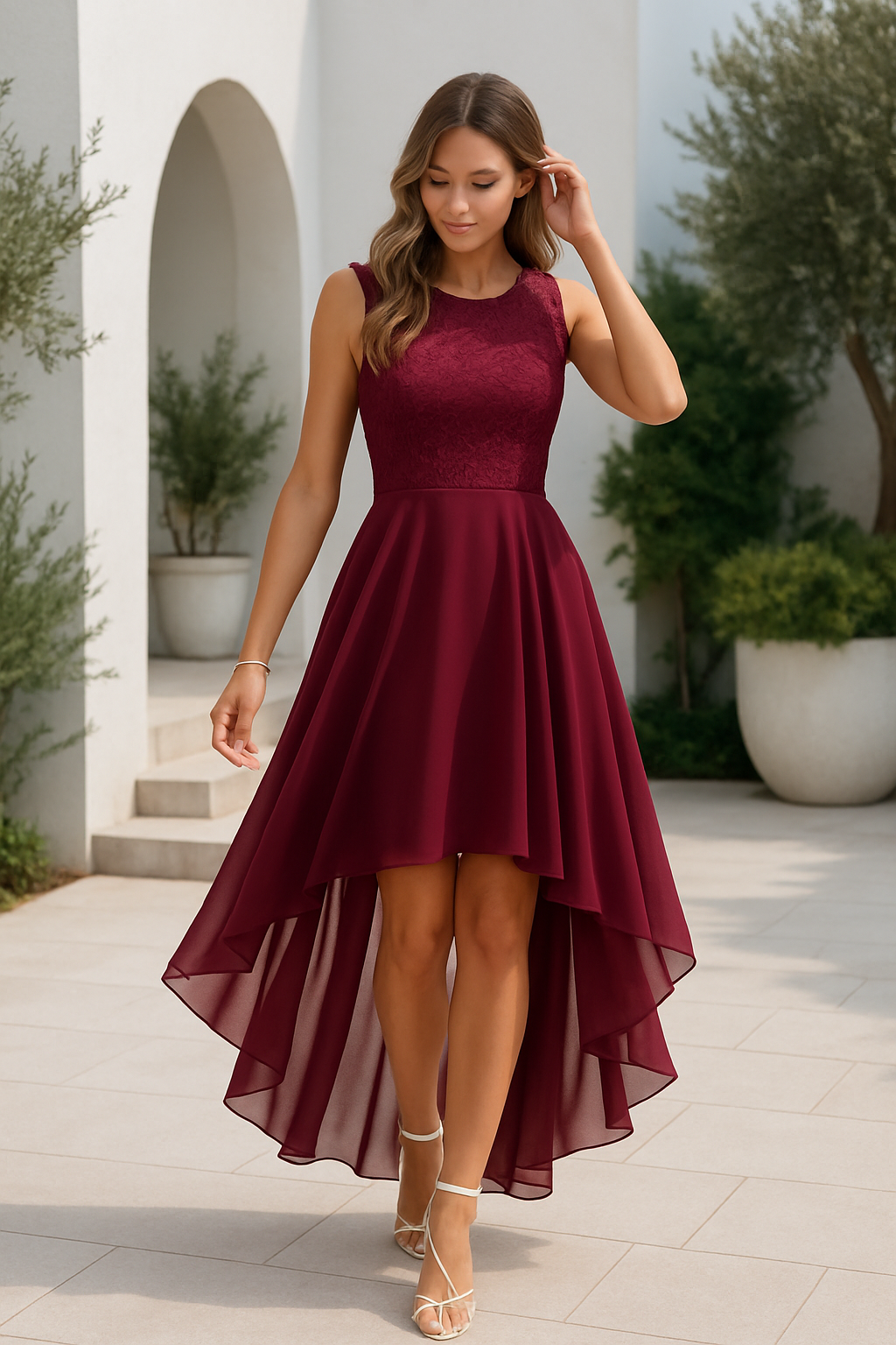 Women's burgundy formal dress with high low hem and sheer flowing skirt, walking pose