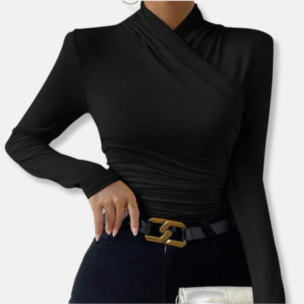 Women black long sleeve ruched cross neck top with defined neckline showing left arm and hand