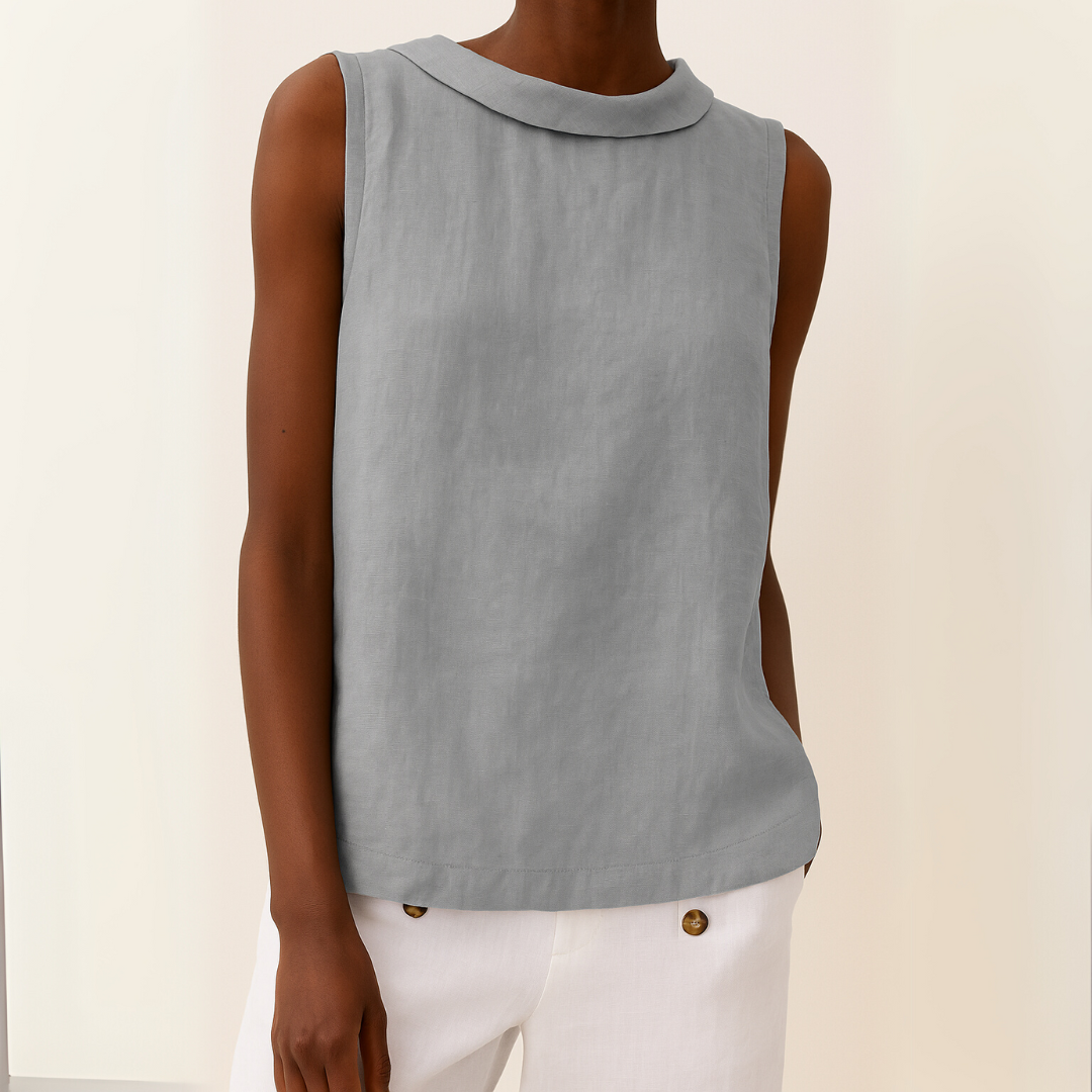 Women light gray sleeveless roll collar linen top, front view, tucked in