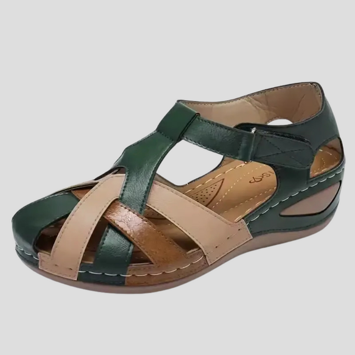 Women's dark green multi-strap wedge sandals with beige and brown accents, side view