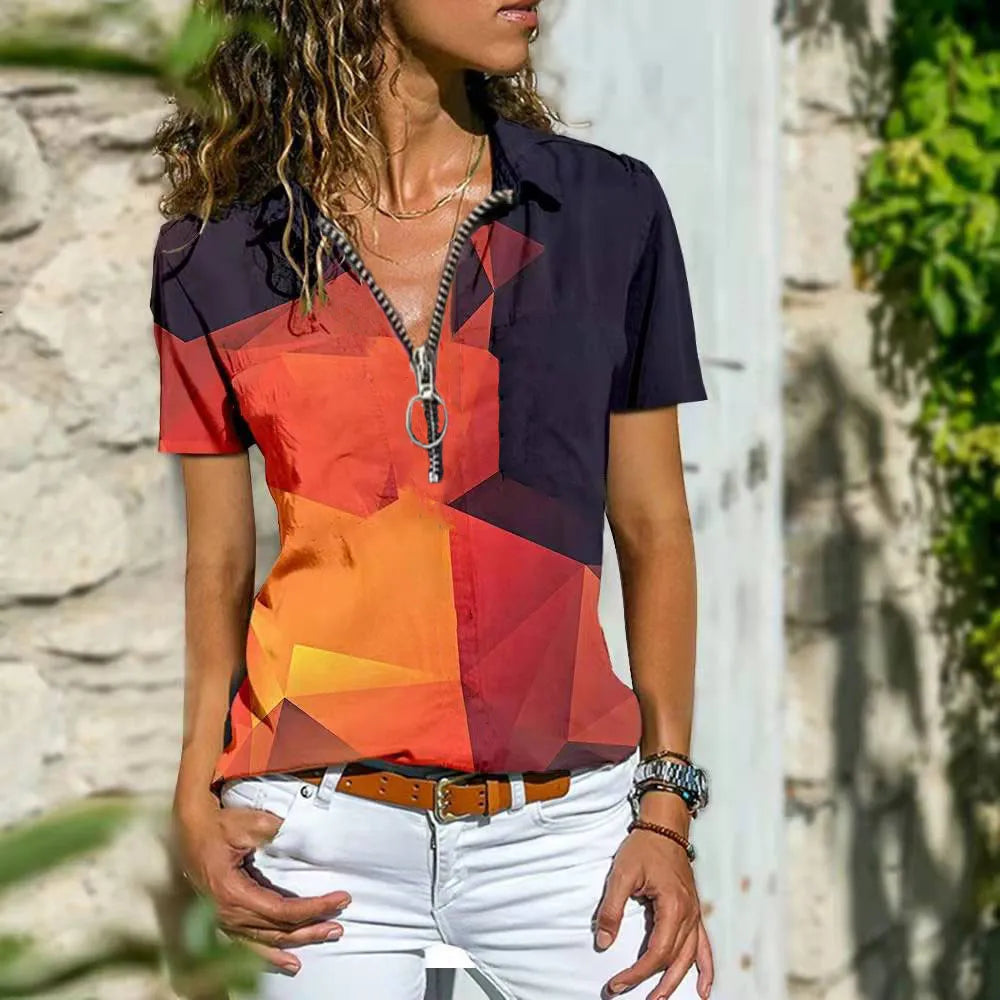 Women red and black geometric print short sleeve collared top with half-zip