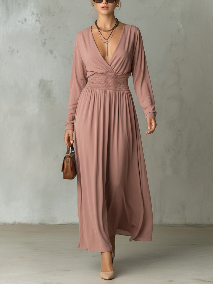 Women rose pink long sleeve V neck maxi dress with smocked waist, front view