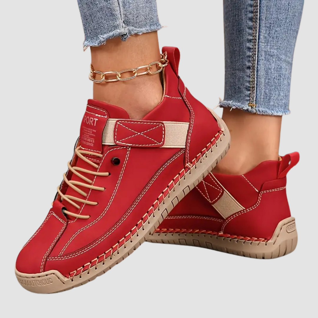 Women red lace-up low-profile walking sneakers with beige hook-and-loop strap and stitching