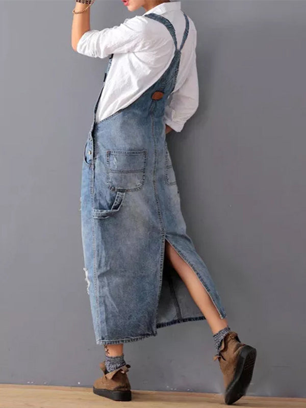 Women blue distressed denim pinafore midi dress, back view on model showing adjustable straps