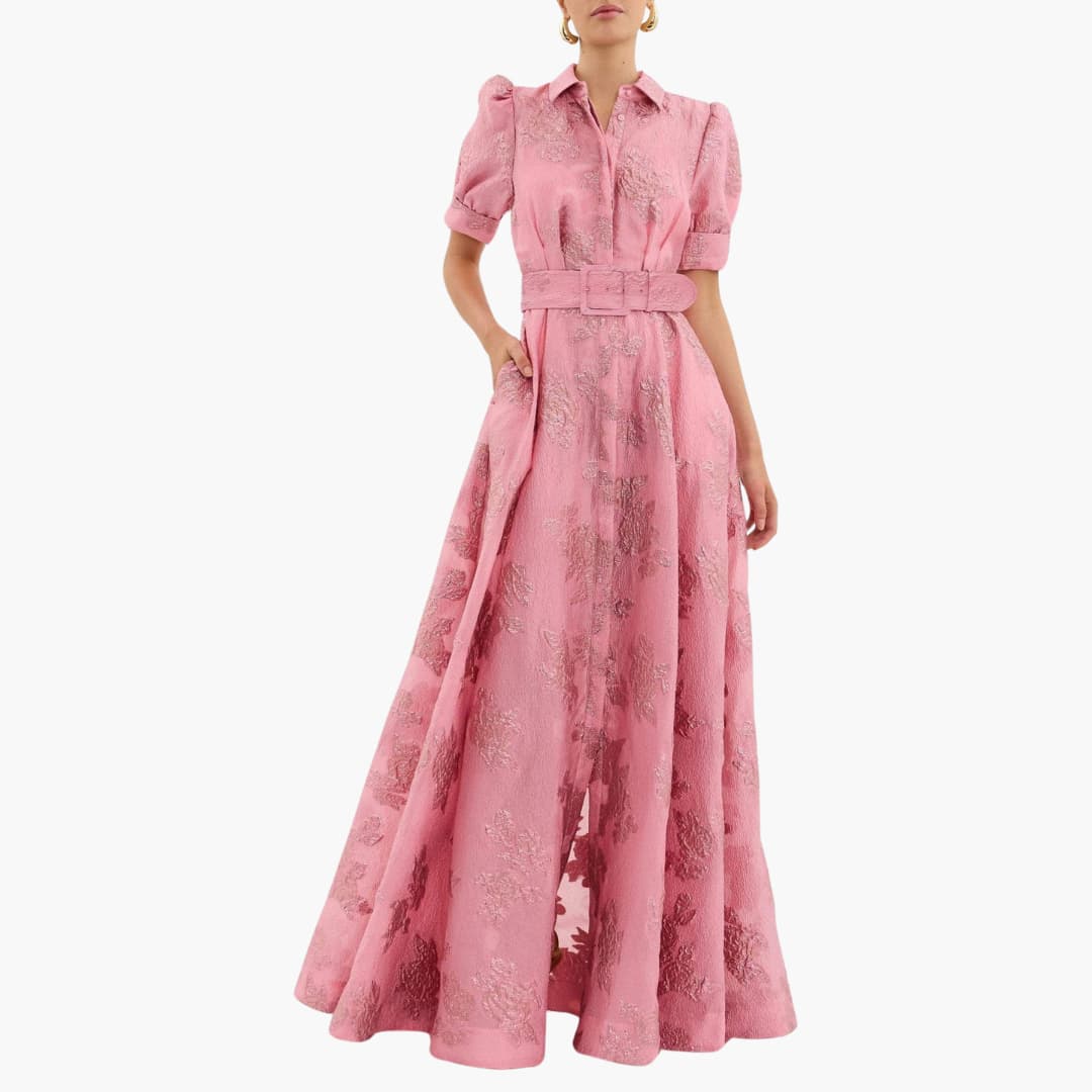 Women pink floral maxi dress with puff sleeves and collared button-down front, front view