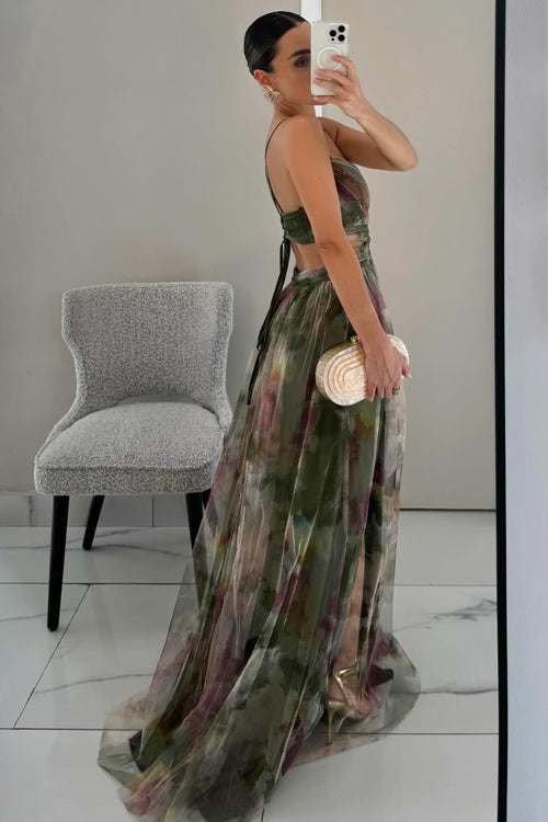 Women Spring Floral V Neck Spaghetti Strap Maxi Dress