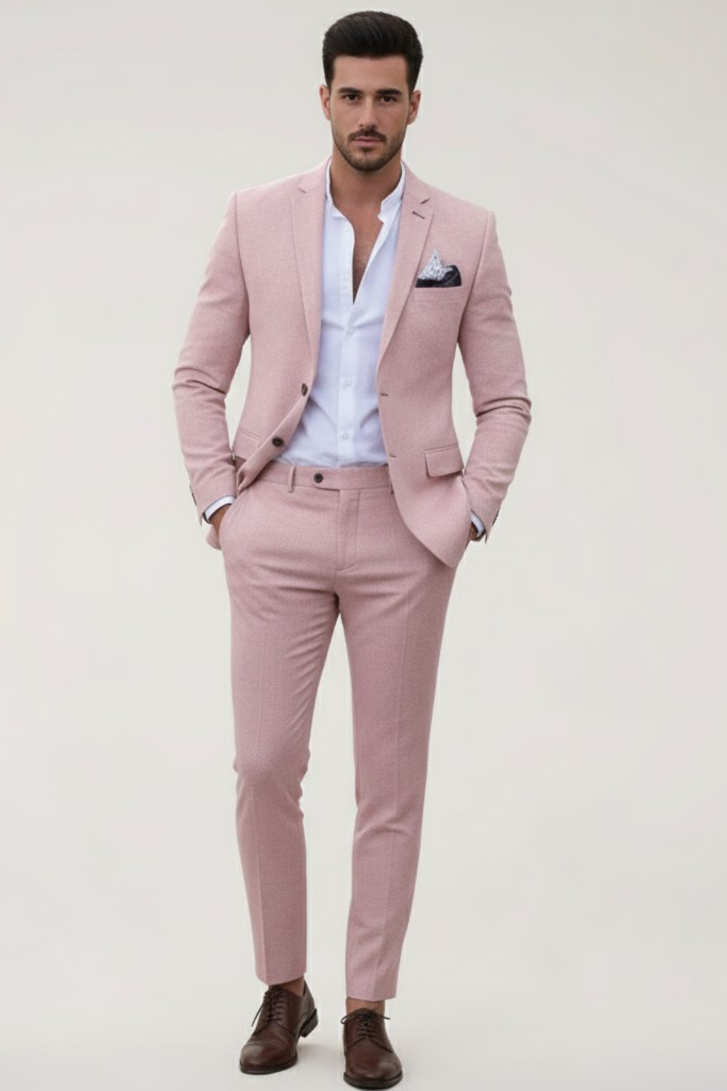 Men's light pink slim fit tailored 2 piece suit set, styled with white shirt