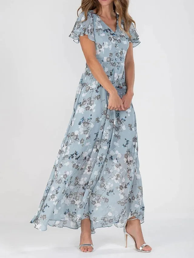 Women light blue floral maxi dress with V-neckline and short ruffled sleeves, side view