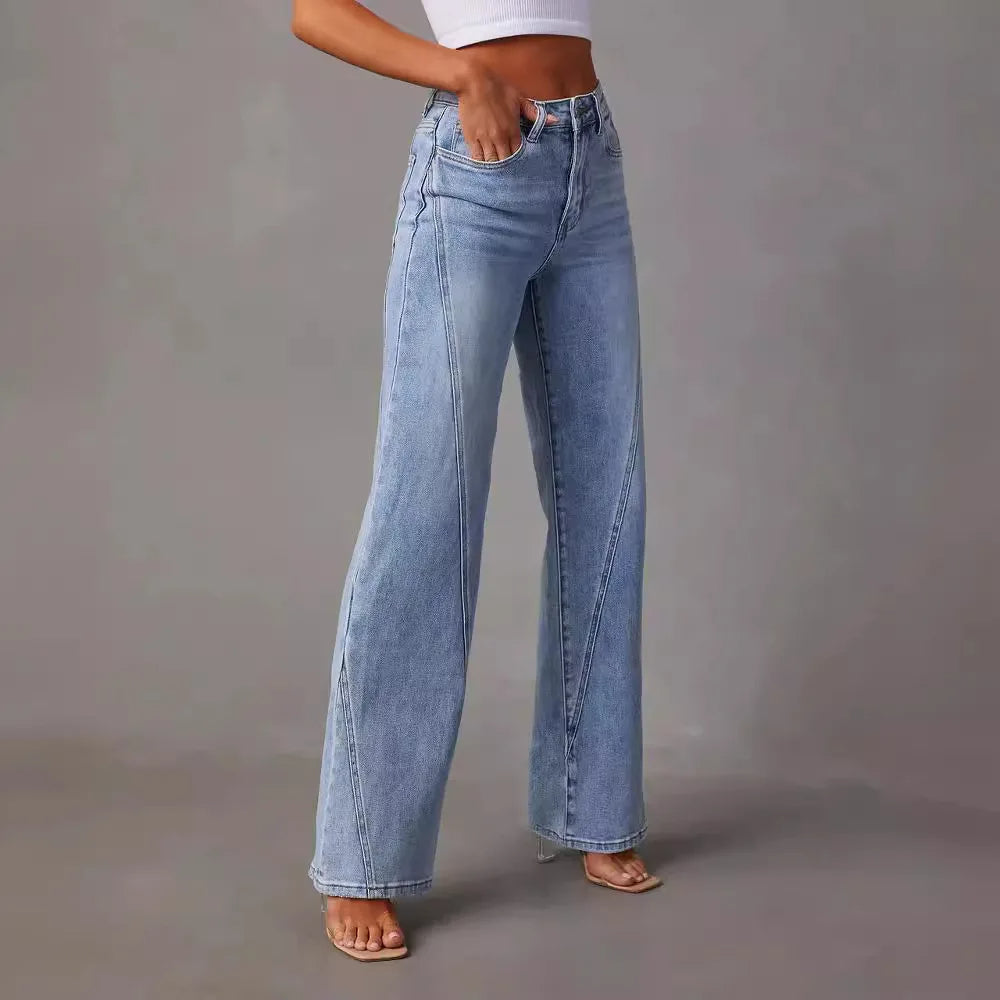 Women light blue high waisted wide leg jeans with front seams, side view